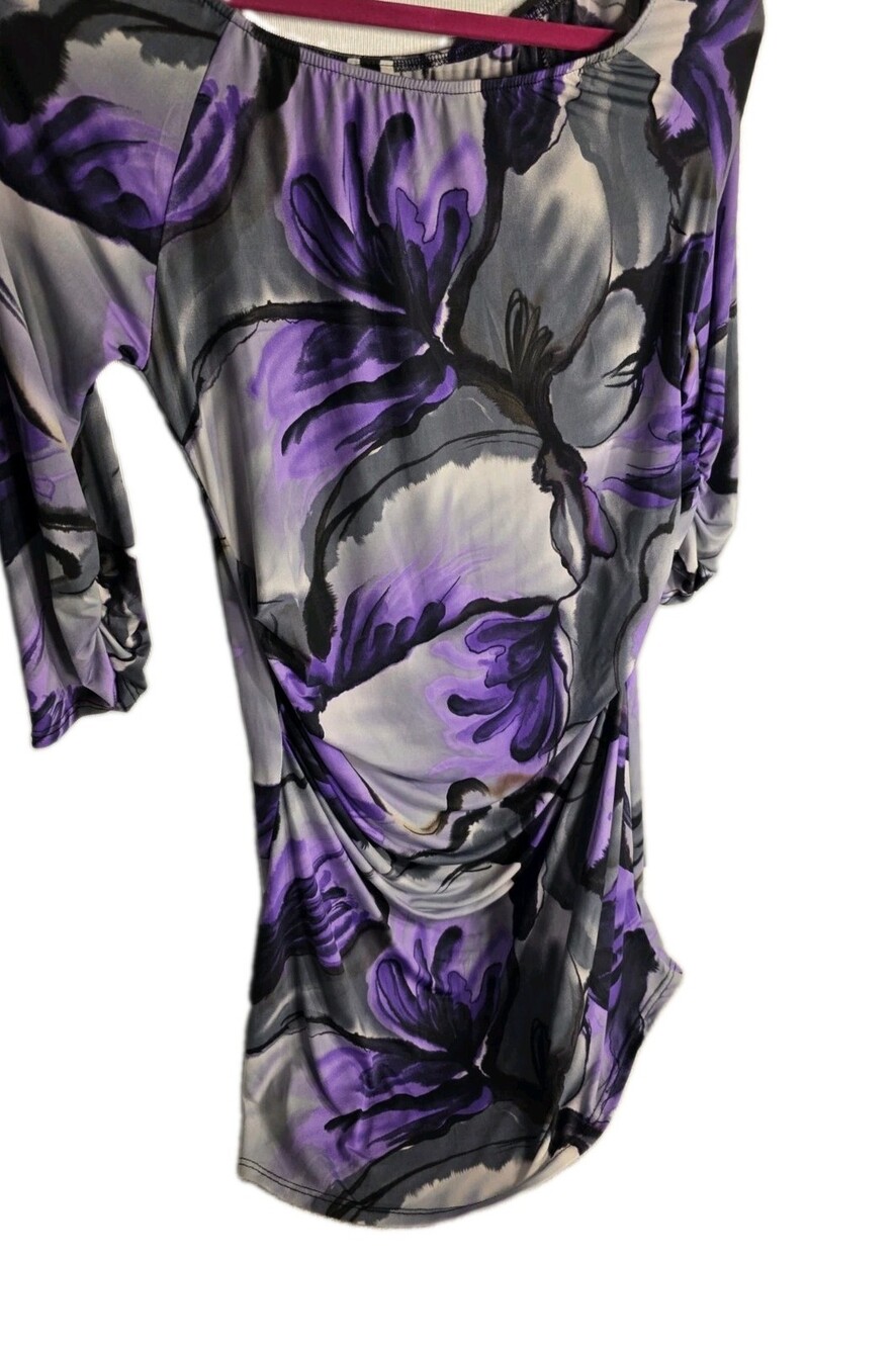 Irene Lytt USA Purple Floral Ruched Top Blouse 3/4 Sleeve Size Large